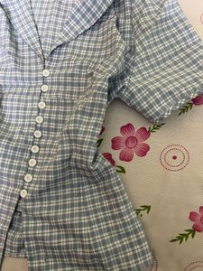 Blue Plaid Button-Up Top