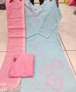 BrandNewKhadiCotton SkyBlueKurtiSetWithPinkColorP