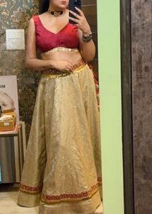 Designer Gold &amp; Maroon Banarasi Lehenga Set
