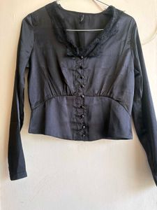 Chic Black Satin Lace Trim Blouse