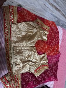 Red Bandhani Designer Saree with Gold Blouse