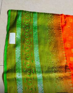 Vibrant Orange Silk Saree with Green Border