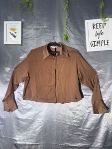 Brown Bell Sleeve Collared crop Shirt