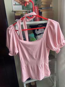 Cute Pink Puff Sleeve Top with Bow Detail