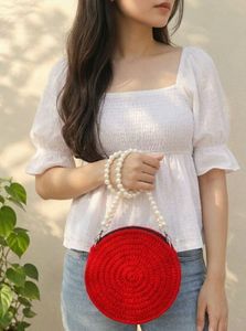 Red Rose Crochet Round Bag with Pearl Strap