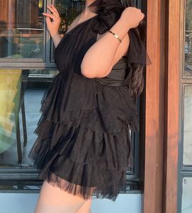 Black Tiered Tulle Dress with Bow Detail