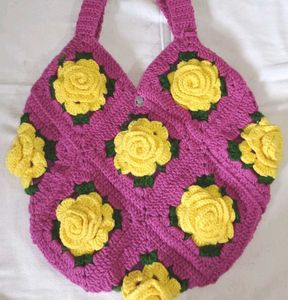 Crocheted Bag with Yellow Rose Appliques