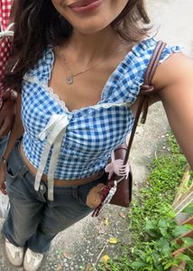 Blue Gingham Crop Top with Ribbon Tie