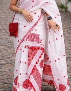 Elegant White Saree with Red Embroidery