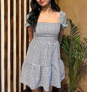 Blue Gingham Puff Sleeve Dress