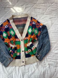 Unique Geometric &amp; Denim Cardigan