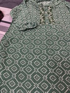 Green Bandhani Print Kurta with Embellished Neckli