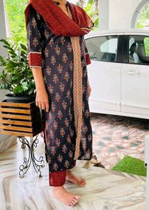 Black Red Block Print Kurta Set