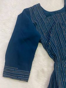 Teal Blue Rhinestone Work Kurti &amp; Parallel Trouser