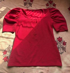 Reddish Maroon Puff Sleeve Square Neck Top