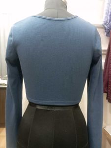 Blue Cropped Cardigan with Buckle Detail