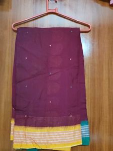 Elegant Maroon Saree with Yellow & Green Ganga-Jam
