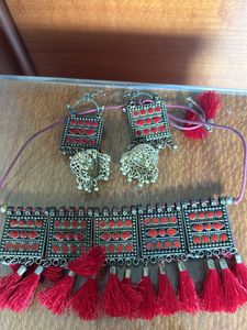 Only Red Oxideized Necklace Set Available +Jhumkas