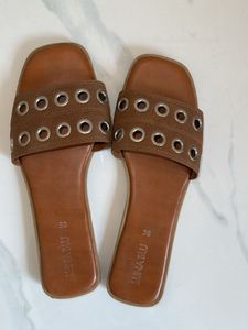 Brown Eyelet Slip-On Sandals