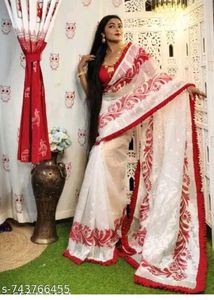 Lase border White &amp; Red Saree