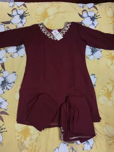 Maroon Kurta Set with Embellished Neckline