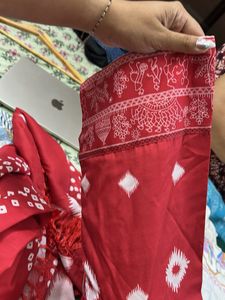 Vibrant Red Saree with White Block Print