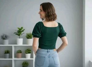 Stylish puff sleeve Green Ruched Crop Top