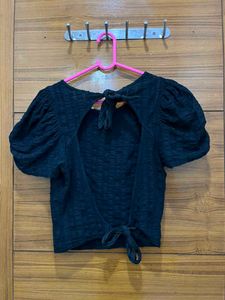Chic Black Puff Sleeve Tie-Back Top