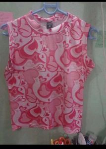 Pink Heart Print Mesh Crop Top