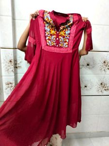 Maroon Embroidered long frock kurta Kurt