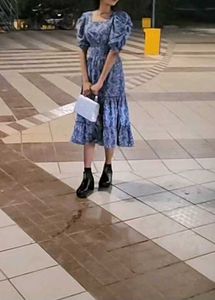 Blue Floral Smocked Midi Dress