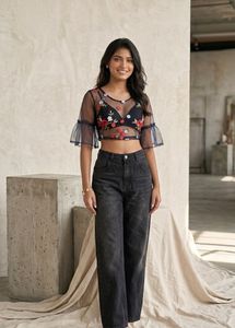 Sheer Floral Embroidered Bell Sleeve Top