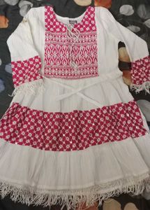 White & Pink Embroidered Kurta with Fringes