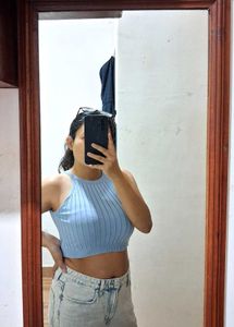 Baby Blue Ribbed Halter Crop Top