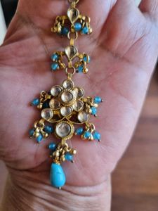 Stunning Plated Gold Maang Tikka with Blue Beads