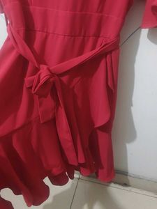 Elegant Red Ruffle Sleeve Wrap Dress