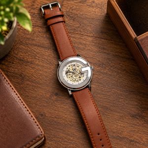 Skeleton Automatic Mechanical Watch with Brown Lea