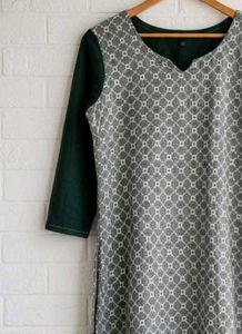 Gray Geometric Print Kurta with Black Sleeves