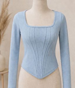 Light Blue Square Neck Ribbed Knit Top