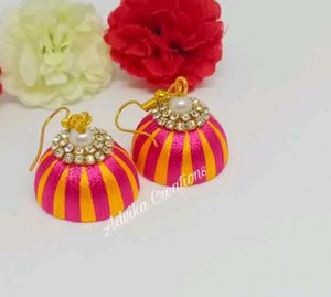 Gold And Pink Silk Thread Earring