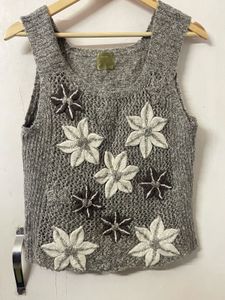 Grey Floral Knit Tank Top/ Half Sweater
