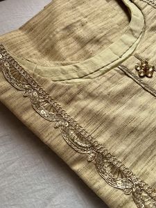 khadi silk Beige Kurta Set with Yellow Dupatta