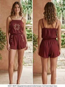 Premium Embroidery Burgundy Crinkle Romper
