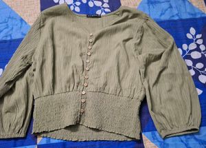Crinkle Textured V-Neck Button-Up Top