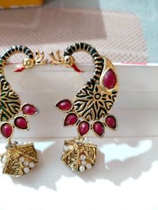 Peacock Design Earrings with Red Stones