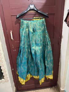 Yellow &amp; Teal Brocade Lehenga Choli Set