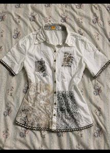 White Patchwork Short Sleeve Button-Up Shirt