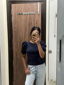 Navy Blue Puff Sleeve Top