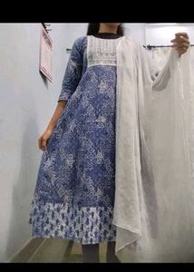 blue white cotton anarkali printed frock legi
