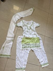 White & Green Embroidered Kurta Set with Dupatta